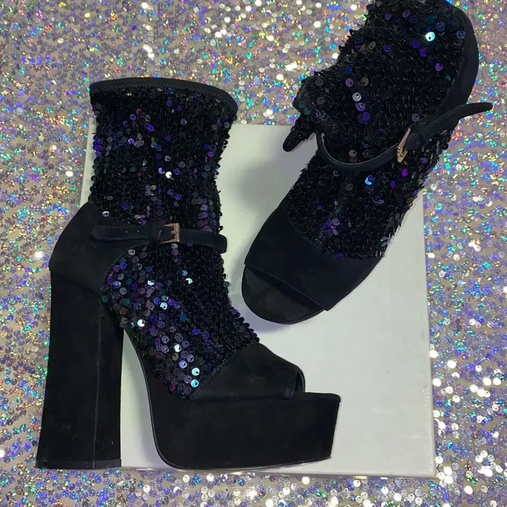 Shelly’s London • Haimi Iridescent Sequin Sock Bootie Platforms